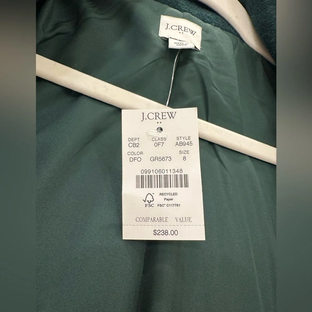 J. Crew NWT Green Wool Blend City Coat Size 8